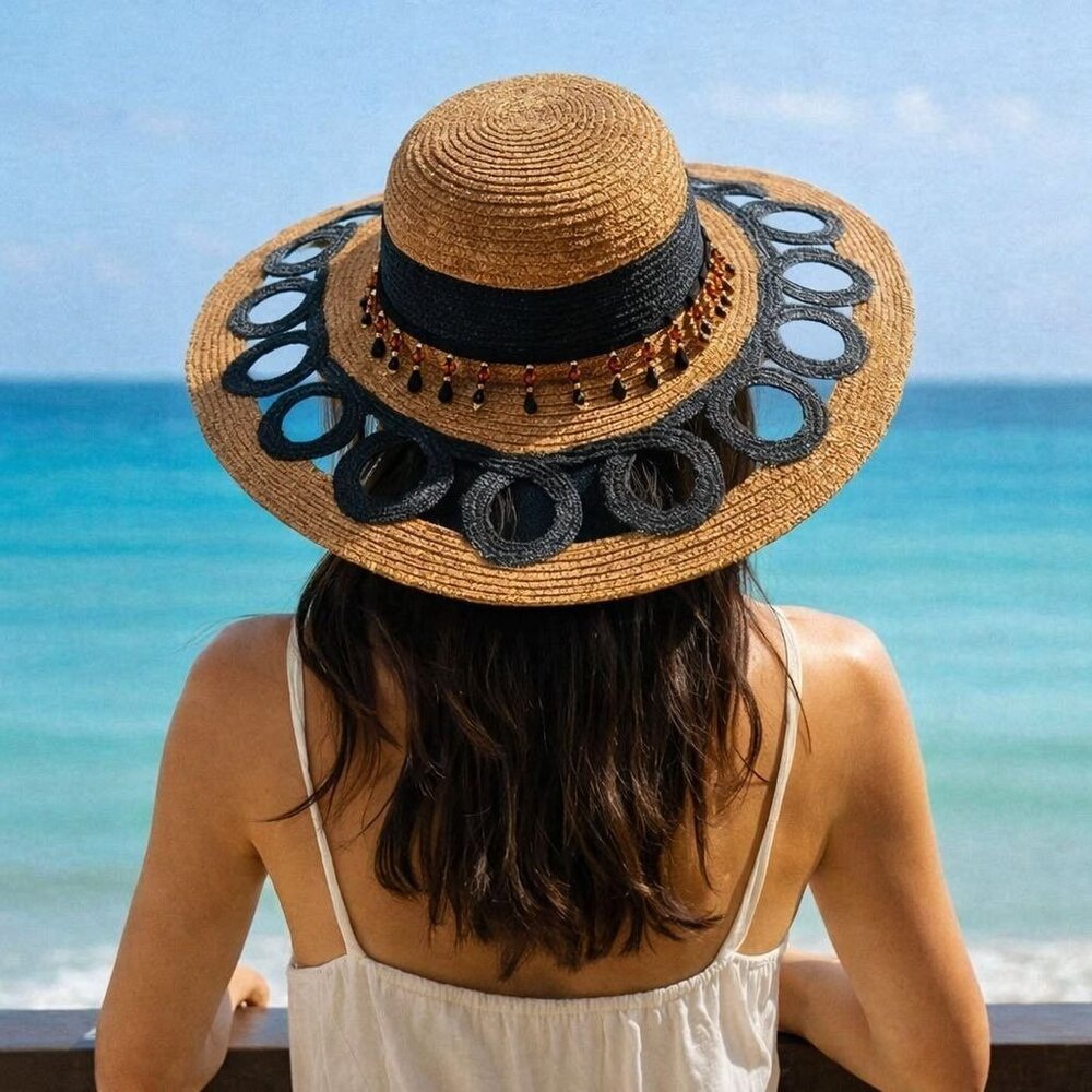 Wide Brim Straw Sun Hat Cutout Brim Teardrop Beaded Band Coastal Resort Fashion